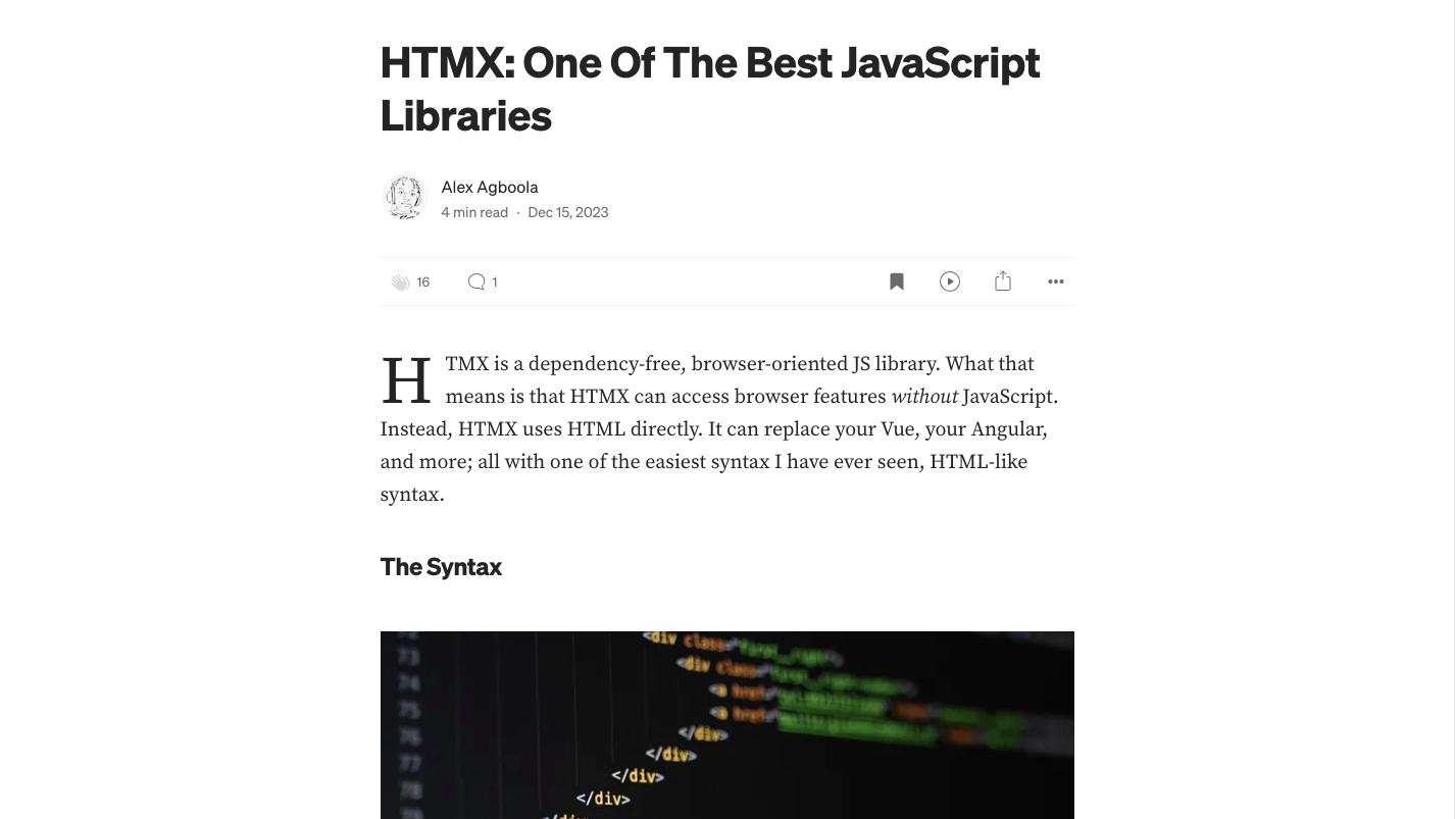 One of my most viewed article: HTMX: One Of The Best JavaScript Libraries